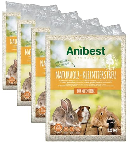 Anibest Kleintierstreu, 100% natürliche Einstreu für Kaninchen, Hamster, Meerschweinchen & Co, saugfähige Weichholzspäne, staubfrei & geruchsbindend, 3,2 kg/ 60 l (Packung mit 4)