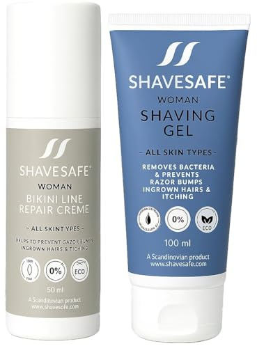 ShaveSafe Bikini Line Kit de réparation - Crème 50 ml + gel à raser 100 ml - Après-rasage pour peaux sensibles - Soulage les rougeurs et les brûlures de rasage - Formule testée dermatologiquement (50
