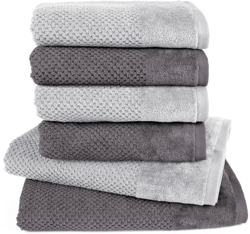 Pure Label Handtücher Set 6-TLG. 2x70x140 4x50x100, Anthrazit | Grau | weich, saugstark, 100% Baumwolle & OEKO-TEX, mit Schlaufe