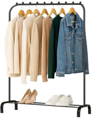 LN COZY CORNER Clothes Rail for Bedroom Metal Portable Garment Rack with Shoe Storage Shelf Heavy Duty Hanging Pole for Coats Skirts in Office Shop (Minimalist, Black)