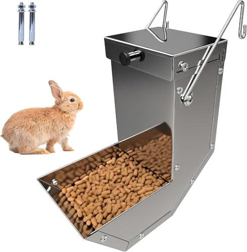 Outdoor Small Animal Stainless Steel Gravity Feeding Trough Pet Feeder Durable with Lid Cage Rabbit Feeder Holds Several Days Worth of Food(for Guinea Pig Birds Ferrets (1PC, 3.7 inch-1.5Lbs)