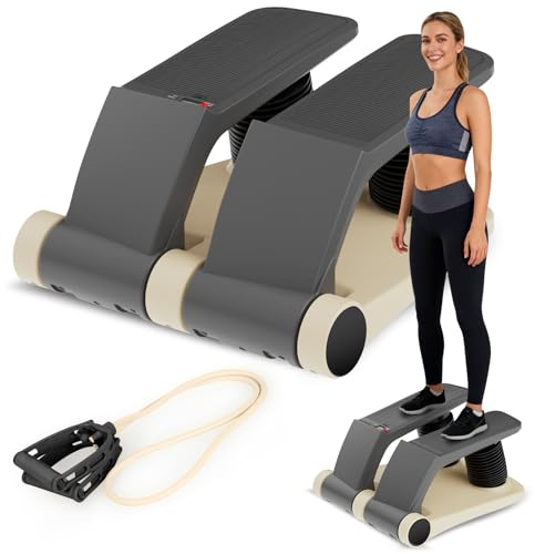 Air Stepper Exercise Machine with Resistance Bands, Stair Stepper with LCD Monitor, Adjustable Resistance Cardio Trainer for Home Workout, Compact Fitness Equipment, 300 lbs Weight Capacity (Beige)