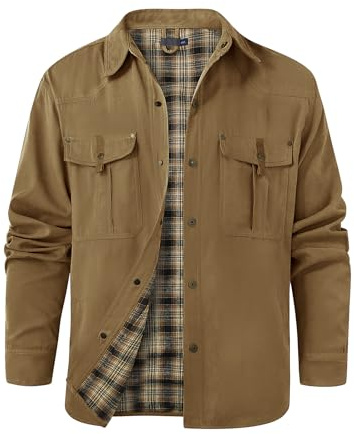 Voqeen Veste Homme Mi Saison Blouson Homme Printemps Été À Manches Longues En Tissu À Carreaux Décontracté Veste Demi Saison Robuste À Boutons-Pression Veste D'extérieur Doublée De Flanelle