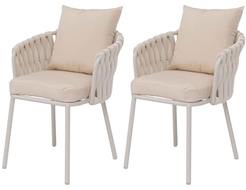Mendler 2er-Set Aluminium-Gartenstuhl HWC-P89 Stoff/Textil - Creme | Gartensessel, Outdoor, Stuhl, (180g/m²) Seilgeflecht, Rope