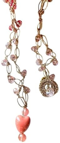 Sorelle Frappalà Collana girocollo artigianale fatta a mano, lavorata all'uncinetto con filato prezioso lurex oro, Cristalli in vetro rosa e ciondolo a cuore in Ceramica rosa - pezzo unico