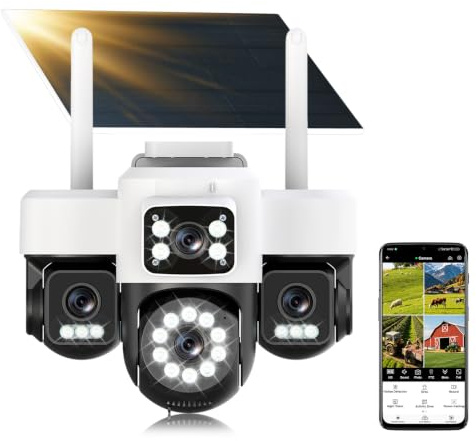 4G LTE - Telecamera di sorveglianza solare con scheda Sim,4 obiettivi, AOV 24/7,4K HD Telecamera esterna senza fili inclinabile a 355°/90°, Solare fotocamera+Batteria, visione notturna, rilevamento