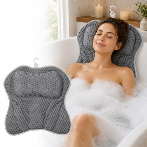 Badewannenkissen, Nackenkissen Badewanne mit 6 starken Saugnäpfen, Badewannenkissen Nacken, mit 4D-Air-Mesh-Technologie, für Nacken Rücken, Badewanne und Home Spa, Grau