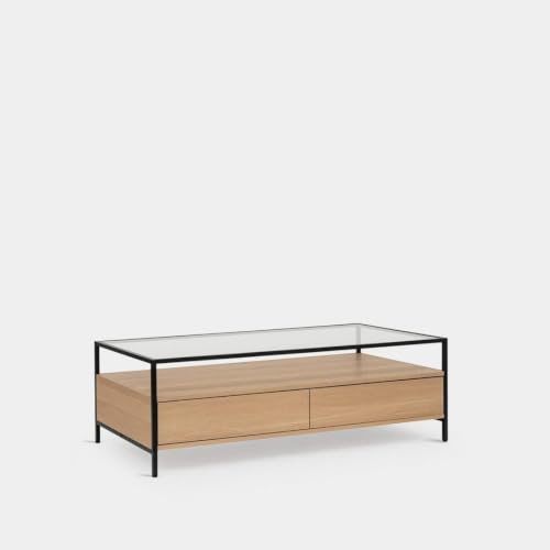 KLAST Mesa de Centro Petra, MDF, Melamina, Cristal Templado, Natural, Estilo Industrial, con Almacenaje, con Cajones, 40 x 120 cm