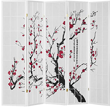 Homestyle4u Paravent 5 teilig Weiß Raumteiler Holz Shoji Reispapier Kirschblüten Shoji