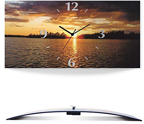 ARTLAND Wanddeko Wanduhr ohne Tickgeräusche Alu Funkuhr 60x30 cm Rechteckig Lautlos Landschaft Sonnenuntergang See Sonne Natur Design T4WP