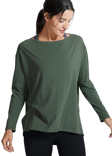 CRZ YOGA Pima Bomull Långärmad Träning Skjortor för kvinnor Lös passform Athletic Yoga Skjorta Casual Båt Neck Höst Toppar Olivgrå XL