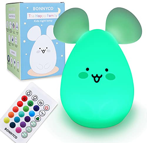BONNYCO Nattlampa för Barnen med Fjärrkontroll, Touch Kontroll i 16 Färger. LED Lampa med Timer, Silikon Lampa BPA Fri Baby. Mus Välkommen-Till-Världen-Present och Födelsedagspresent