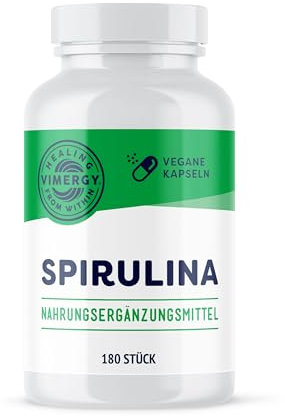 Vimergy Spirulina Kapseln, 30 Einnahmen – Starkes Superfood – Nahrungsergänzungsmittel - Ohne Trennmittel, ohne Füll- oder Farbstoffe, Gentechnik- und Glutenfrei (180 Stk.)