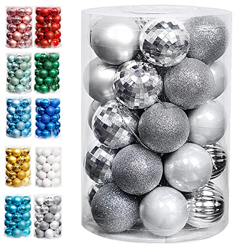 Lulu Home Christmas Ball Ornaments, 34 Ct 1.57 Pre-Strung Hanging Ornament Decorations, Xmas Shatterproof Plastic Balls for Holiday Party Wreath Garlands Trees, Silver