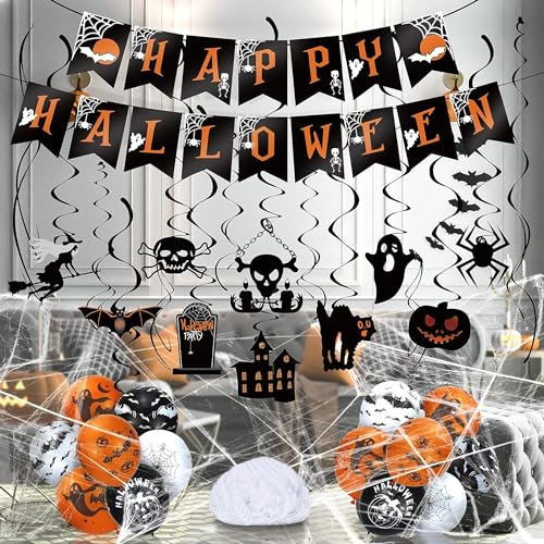 Halloween Party Decoration Kit - Halloween Hanging Swirl, Banner, 12 Pieces Balloons and 20 gram Spiderweb Cobweb for Halloween Party Indoor Outdoor Decorations