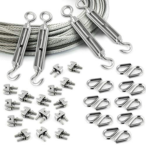 DQ-PP stållina SET | 4 mm | 50 m | 16 x linsklämma 4 mm | 4 x spännlås M4 krokar – ögla | 16 x byte 4 mm | Rostfritt stål INOX | 7 x 7 mediummjuk | trådrep för rankhjälp rostfri rep ståltråd skogsrep vindrep spännlina Bandlina