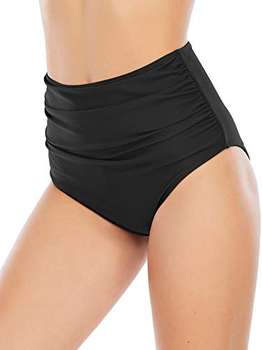 High Waisted Bikini Bottoms Tummy Control Ruched Swim Bottom Black Swimsuits Bottoms Bathing Suit for Women Black XL