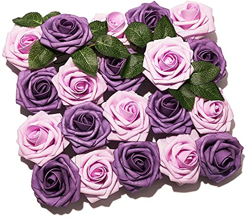 PartyWoo Lot de 20 roses artificielles, fleurs décoratives, roses en mousse, fleurs artificielles pour décoration d'anniversaire, de mariage, de fête (violet)