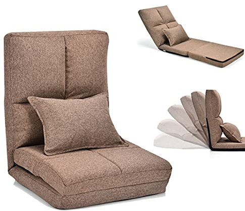 RELAX4LIFE Sillón de Suelo Plegable con Respaldos Ajustables en 5 Posiciones 90°-180°, Sofá de Piso con Función Tumbona y 1 Cojín Adicional para Leer, Dormir, Ver Televisión (Café)