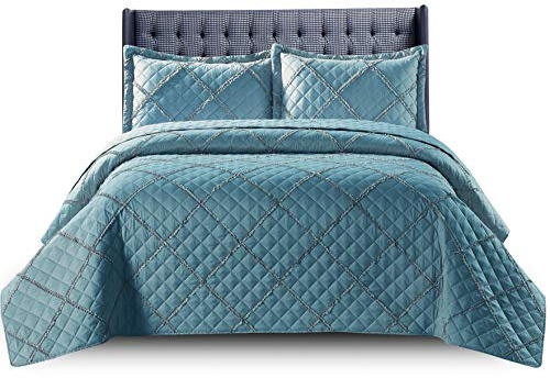 PHP Quilted Bedspread Bed Throws for Room Decor - Quilted Fabric Embossed Striped Pattern Ruffle Design Reversible Quilt Bedspreads Coverlets with Hypoallergenic Pillow Cover (Single, Ruffle Blue)