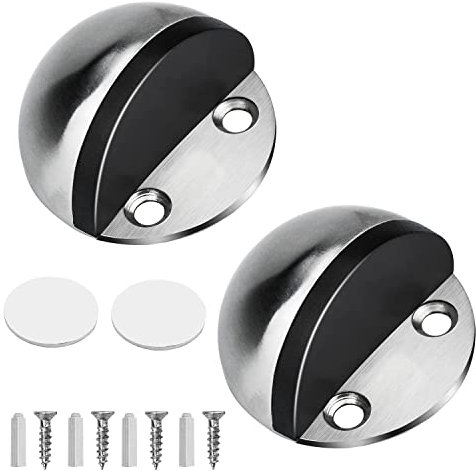 Floor Door Stoppers, 2 Pack Stainless Steel Door Stops Oval Floor Mounted with Screws and Self-Adhesive Pads- Sound Dampening Rubber Buffer, Durable for Home & Office Use