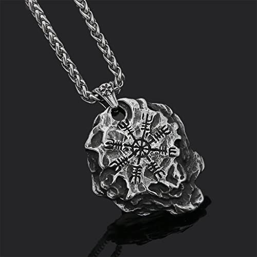 AHTCPO Wikinger Handgefertigte Vegvisir Halskette, Nordic Men Edelstahl Kompass Vintage Stein Amulett Anhänger, Gothic Boy Geschenkset