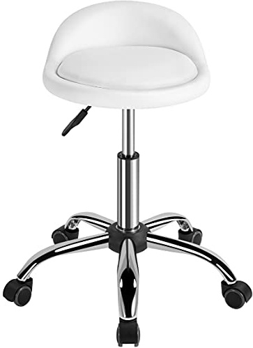 Yaheetech Taburete Redondo Giratorio PU para Oficina Silla Oficina con Ruedas Altura Ajustable Silla de Trabajo Blanco