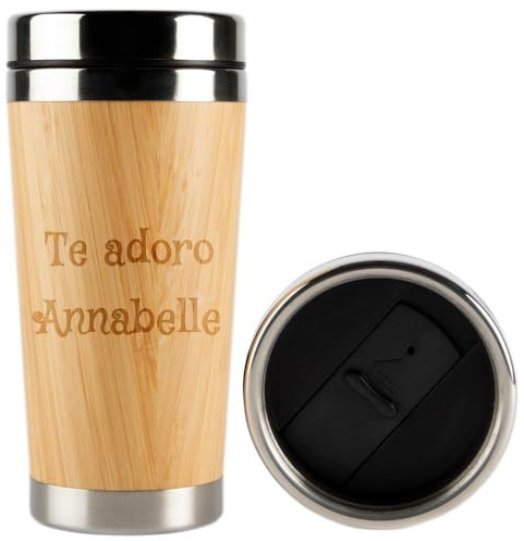Taza térmica personalizada de bambú – Vaso grande con grabado de texto y tapa de acero inoxidable – Termo práctico y regalo para hombre o mujer