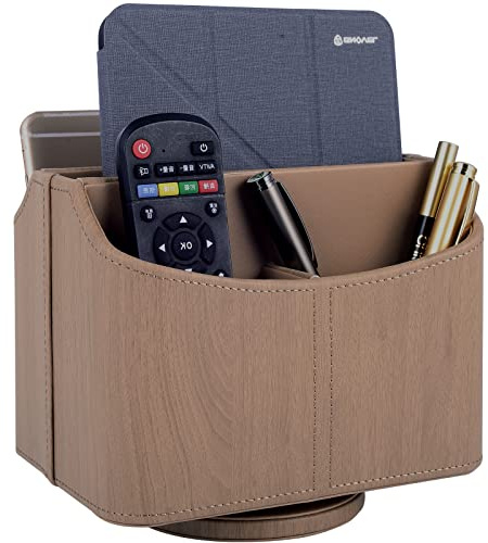 RHCSZ Leather Remote Control Holder/Caddy 360 Degree Rotating, Desk Organizer for TV Remote Controllers,Pen,Calculator,cell phone,gadget storage box,Nightstand Decoration(Light wood grain)