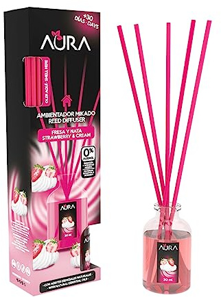 AURA. Ambientador MIKADO. O% alcohol | Fragancias para el Hogar | Aroma Duradero (Fresa y Nata, 30ml)