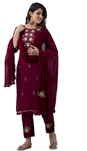 JG Women's Ethnic Wear Collection Rayon Straight Embridered Kurti & Pant Set With Dupatta Readymade Salwar Suit For Women Casual Wear(Maroon-X-Large Size)