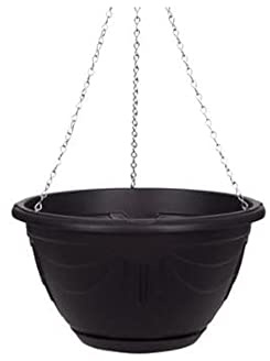 PHG Delicate Flower and Herb Plastic Hanging Basket | Large Garden Basket | Classic Plant Saucer | Wicker Hanging Basket | Easy Fill Hanging | Outdoor Planter | 32 cm (Single Pack, Black)