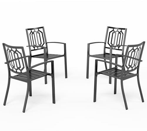 PHI VILLA Gartenstühle Metall 4er Set Outdoor Stapelbar Esszimmerstühle | Rostbeständig E-beschichtet Metall Stapelstühle, Mit Armlehnen, 136 kg Tragkraft, Schwarz