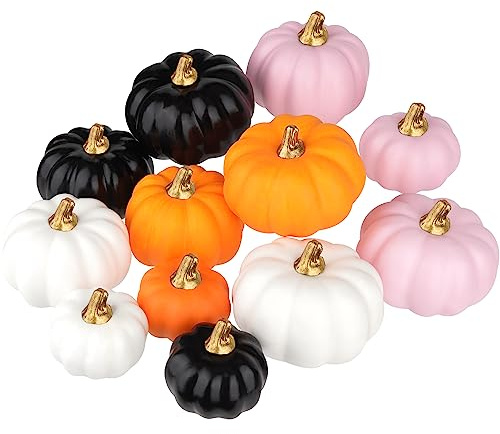 Ywlake Artificial Pumpkins 12Pcs Assorted Sizes and Colors Bulk Harvest Lifelike Pumpkin Fake Foam Pumpkins Set for Fall Autumn Halloween Party Thanksgiving Holiday Decor Displaying