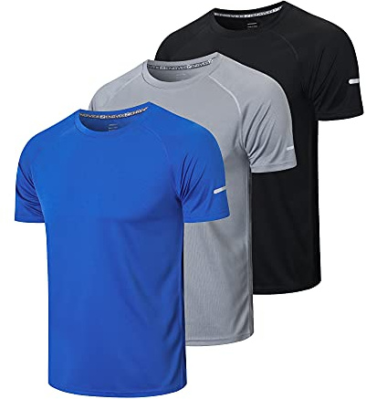 HUAKANG 3-pack t-shirts män andningsbara sporttröjor män coola torra löpartoppar kortärmad gym toppar atletisk för män, Svart grå blå, 3XL