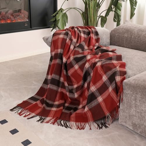 Temminc Manta de lana pura – Grande 55 x 83 pulgadas, 1.5 libras, manta de lana con flecos para sofá, cama, viajes al aire libre, manta suave y transpirable para todas las estaciones, cuadros