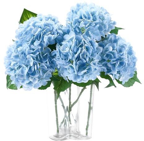 Coferset 5 hortensias artificiales realistas de 20 pulgadas para decoración del hogar, boda, oficina, fiesta, sala de estar (azul bebé)