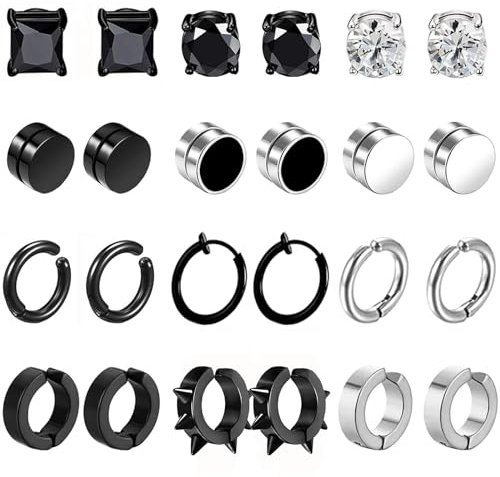 12 Pares Falsos Pendientes Magnéticos de Acero Inoxidable Imán Hombre Pendientes Clip Hombre Sin Agujero Pendiente CZ Magnet Mujer Aro Pendientes Set Negro Plata