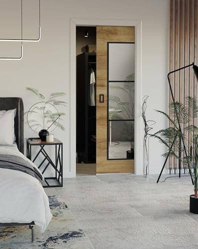 KIER FURNITURE Schiebetüren Evo Hugo Innen - Wandschiebetür - Toranlage aus Verzinktem Stahl - Universal Links und Rechts - Laminierte Spanplatte + Kassette und Rahmen 90cm, Eiche Craft Gold