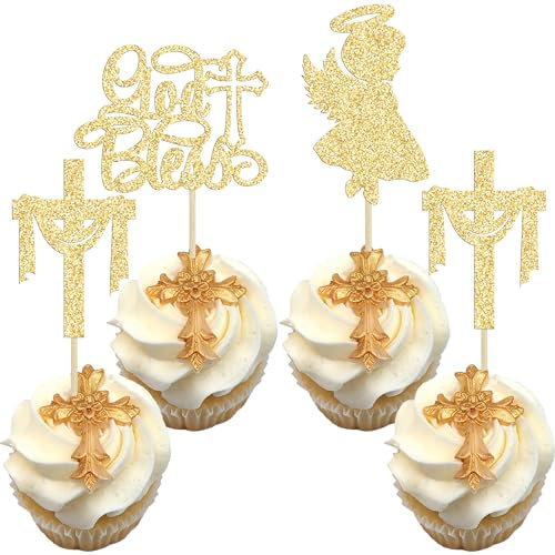 Gyufise 24Pcs God Bless and Cross Cupcake Toppers Angel Christening Cupcake Picks Babyshower Girl Baptism Cake Decorations for First Communion Baptism Party Decorations Gold