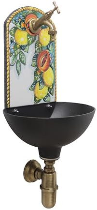 Wandbrunnen Petra mit handbemalter Front aus Lavastein mit Zitronen und Granatäpfeln verziert, Wanne aus Aluminium, komplett mit Wasserhahn und Siphon (Messing brüniert)