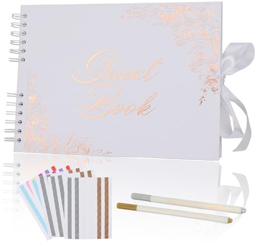 Swanaryo Wedding Guest Book with Ribbon Close for Wedding, Baby Shower, Birthday, Bridal Shower, Graduation Party, Anniversary - 11.2” x 8.3”, 80 Blank Pages Guestbook(White)