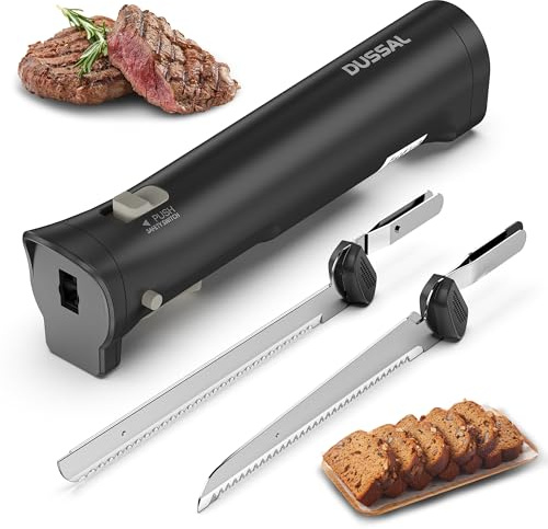 DUSSAL Cordless Electric Knife, Electric Bread Knife with 4 Stainless Steel Blades, Safety Lock Switch, Blade Release Buttons, On/Off button, Cutting Meats, Fish, Poultry, Bread, Cheese & More (Black)