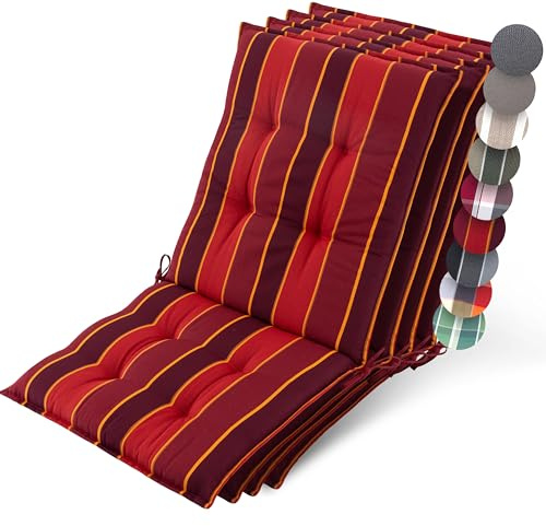 Beautissu 4er Set Premium Niedriglehner Auflage Gartenstuhl rutschfest | 100x50cm 8cm dick Rot gestreift robuster Stoff Polster Befestigungsbänder UV-Lichtechtheit 5 Gartenstuhlauflage Robust Sun-NL
