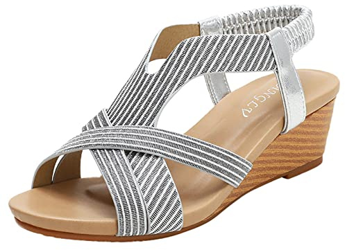 Genérico Sandalias Fiesta Plateadas Zapatos Mujer Fiesta Sandalias cómodas de verano con punta abierta de estilo nacional bohemio para mujer, sandalias romanas Sandalias Fucsia Mujer (Silver, 40)