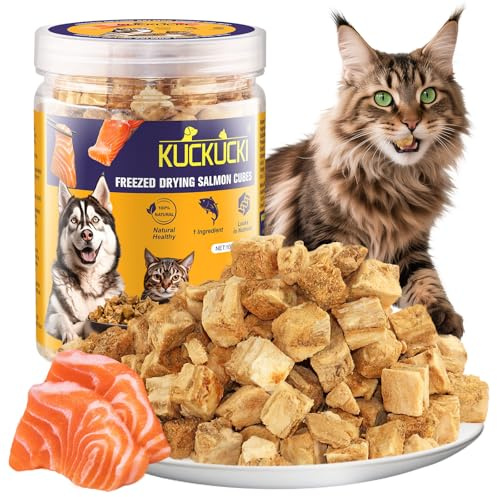 Snack Liofilizado de Salmón para Gatos Perros, Crujientes Snacks para Gato de Interior, Golosinas para Gatos Icas en Proteínas