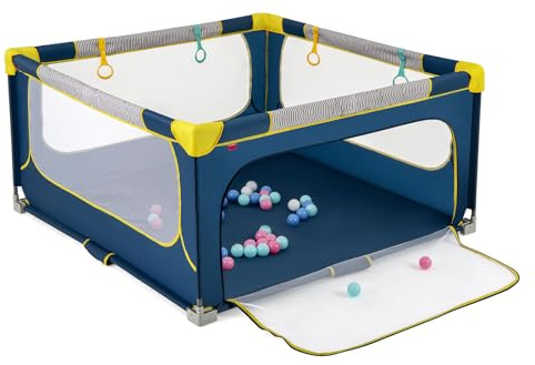 DREAMADE Laufstall Baby Faltbar, 150 x 150 x 76,5 cm Laufgitter mit 50 Ozeanbällen, 4 Haltegriffen & Tragetasche, Playpen für Baby 0-3 Jahre (Blau)