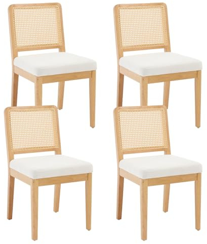 chairus 4 pcs Esszimmerstuhl aus Holz, Rattan-Rückenlehne, Weiß/Chenille | Retro Küchenstühle 2er Set, mit weichem Chenille-Polster und Handgeflochter Rattan-Lehne, stabiler Holzstuhl in Landhausstil