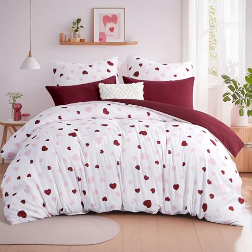 Aisbo Bettwäsche 200x220 3 teilig Bettdeckenbezug - Bettwäsche Set 220x200cm Herzen Rosa Rot Muster mit 2 Kissenbezügen 80x80 cm, Mikrofaser Bettbezug mit Reißverschluss, Bügelfrei und Weich