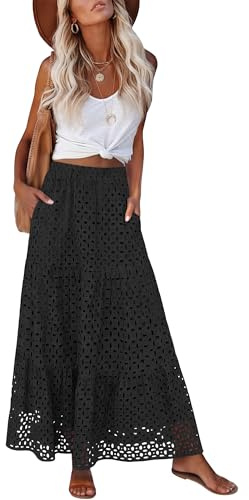 ANRABESS Maxi Skirts for Women Boho Tiered Eyelet Elastic High Waist A-Line Summer Casual Flowy Beach Vacation Long Skirt Black Small